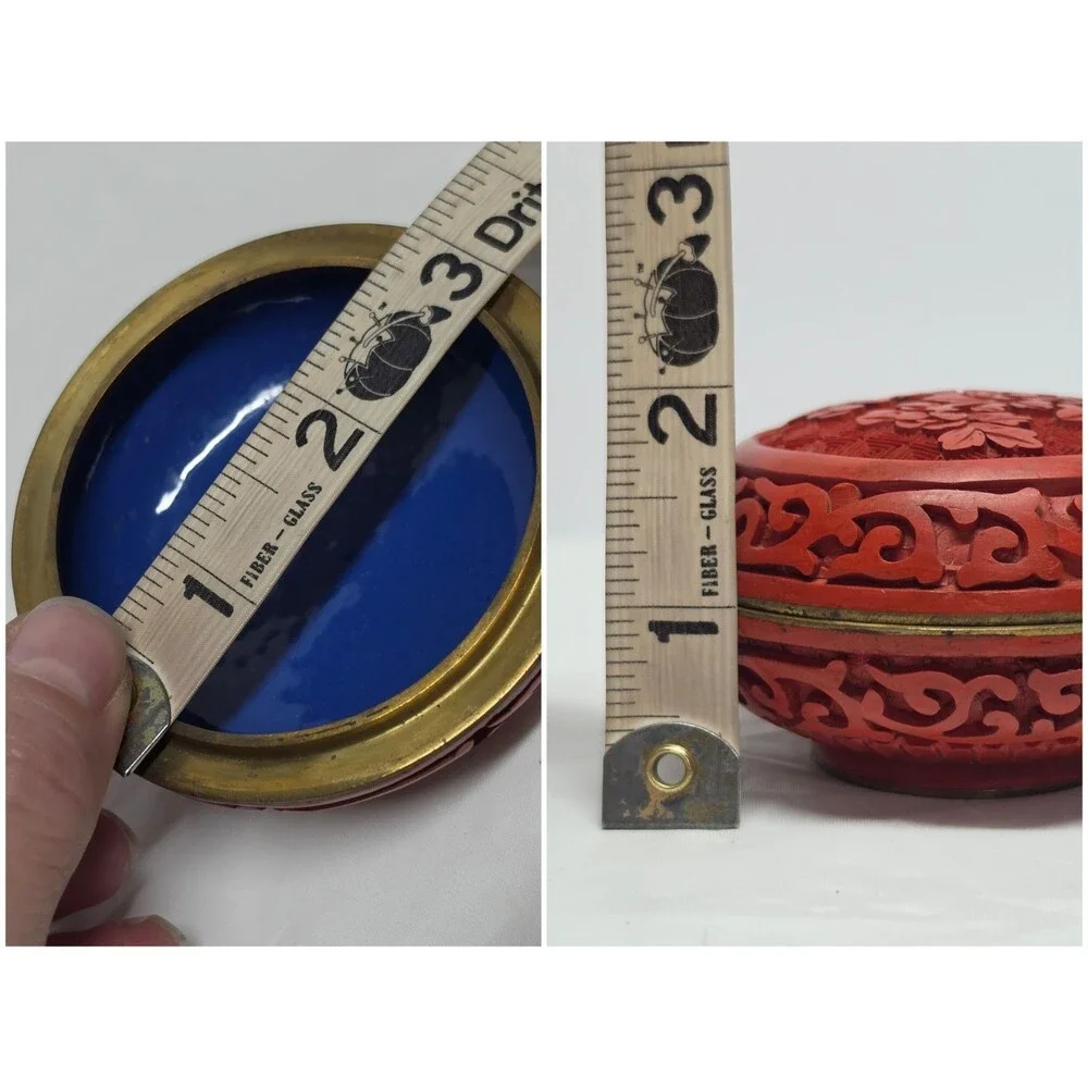 Vintage Chinese Carved Cinnabar Lacquer Trinket Box Floral Blue Enamel Interior